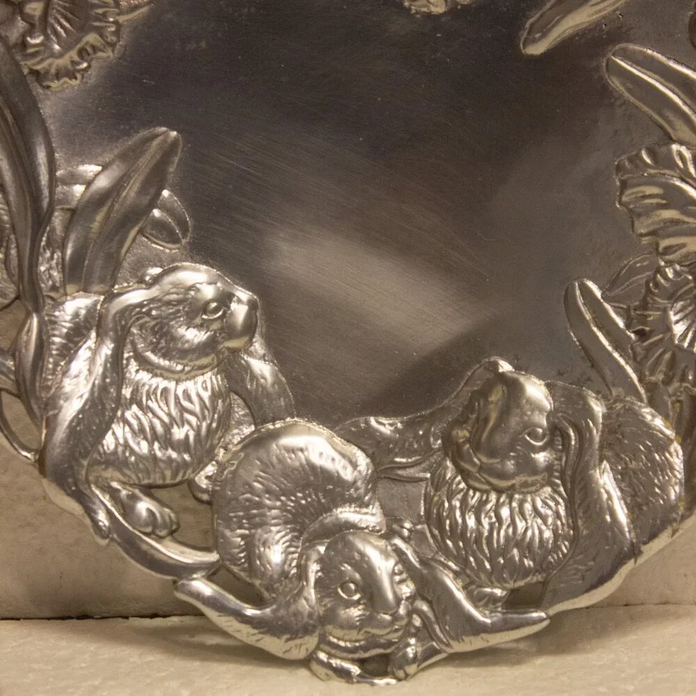 Vintage Arthur Court Heart Plate with Bunnies and Orchids Aluminum 10 Inch